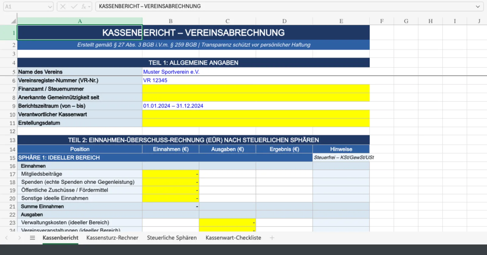 Vorschau von Kassenbericht_Verein_Vorlage.xlsx