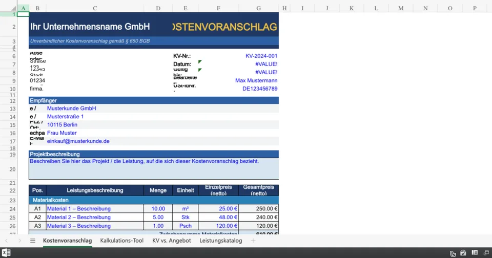 Vorschau von Kostenvoranschlag_Vorlage.xlsx