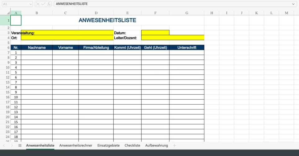 Vorschau von Anwesenheitsliste_Vorlage.xlsx