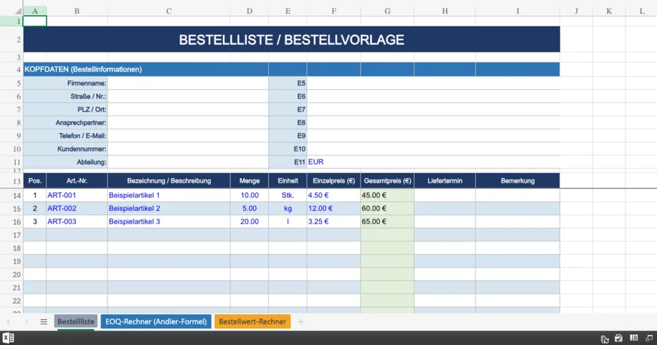 Vorschau von Bestellliste_Vorlage.xlsx