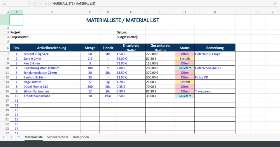 Vorschau von Materialliste_Vorlage.xlsx