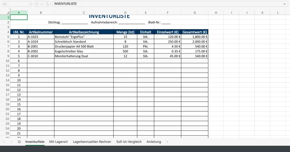 Vorschau von Inventurliste_Vorlage.xlsx