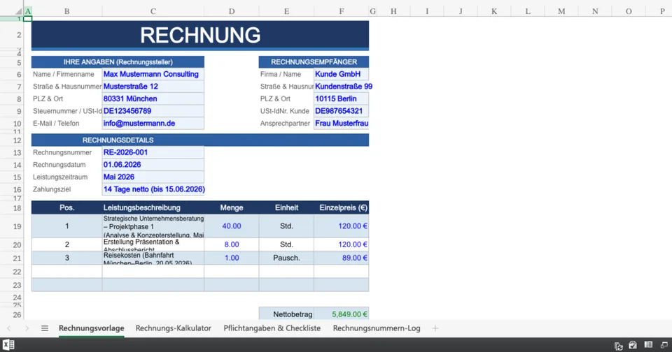 Vorschau von Rechnungsvorlage_Freiberufler.xlsx