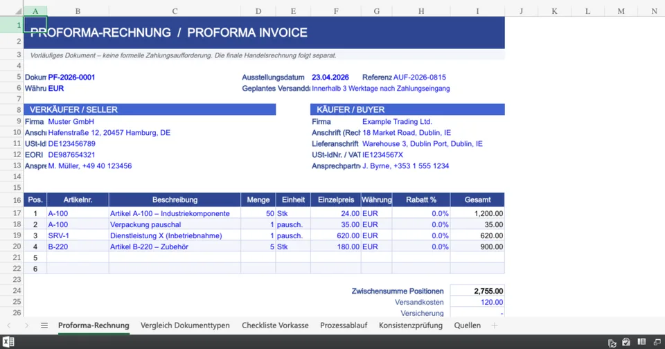 Vorschau von Proforma-Rechnung_Vorkasse.xlsx