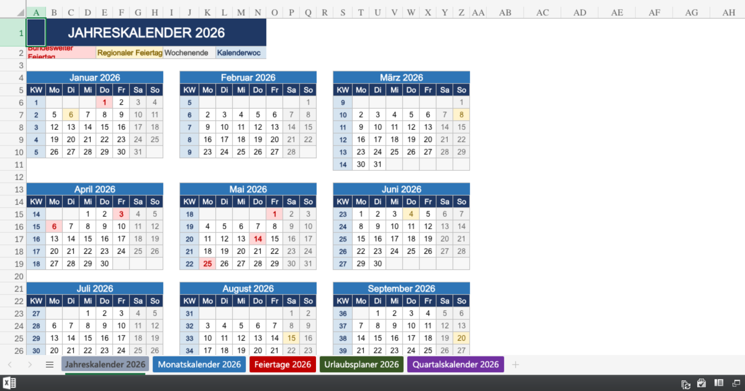Kostenlose Excel-Kalender 2026 mit Feiertagen & Wochen - WHK Controlling
